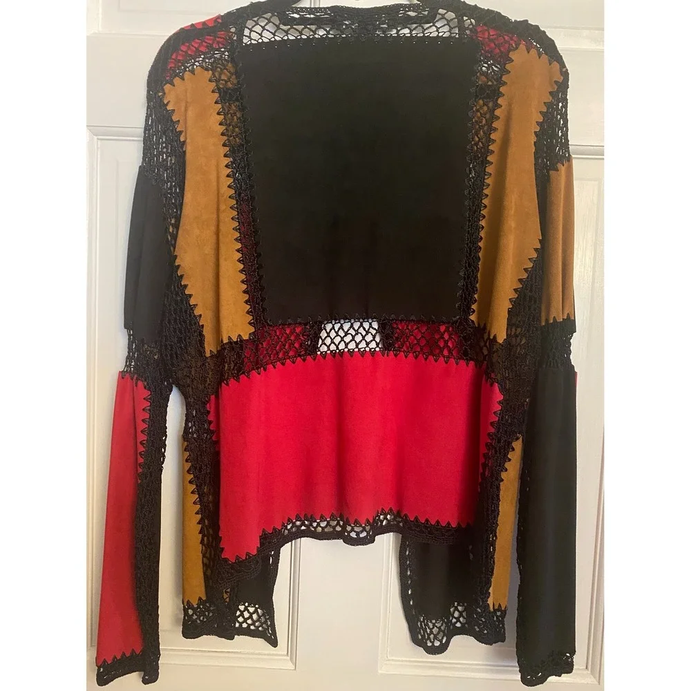 T&W‎ Designs Patchwork Crochet Faux Suede Open Front Cardigan Red Tan Black M/L